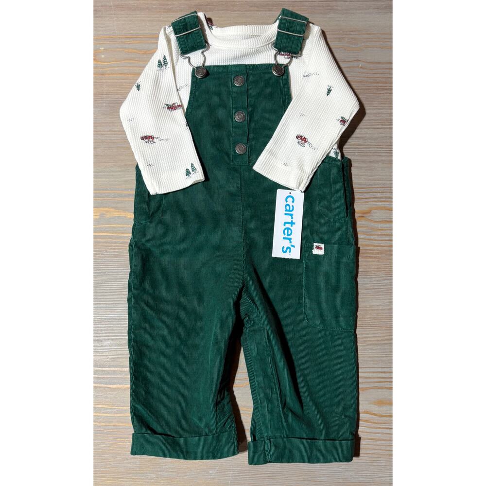 NEW Carter's Baby Boys 2-Piece Holiday Thermal Tee & Overalls Set (Size 6M)